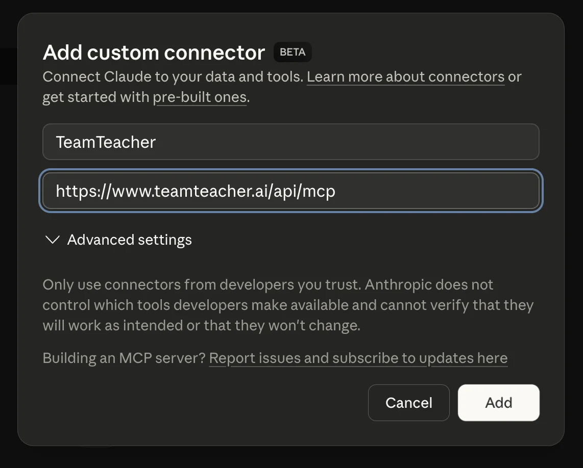 Add connector dialog with TeamTeacher details