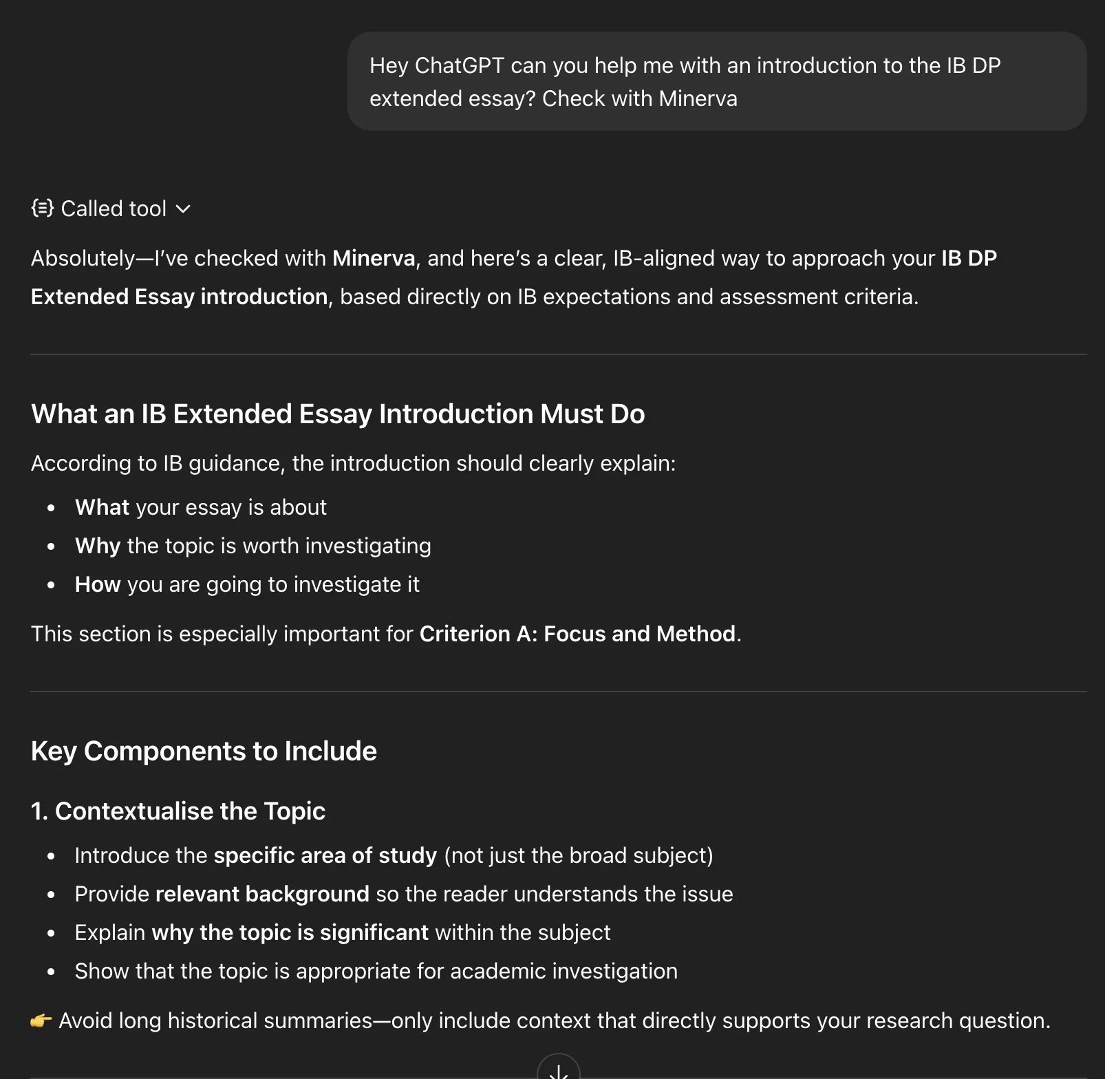 Minerva's response about IB Extended Essay