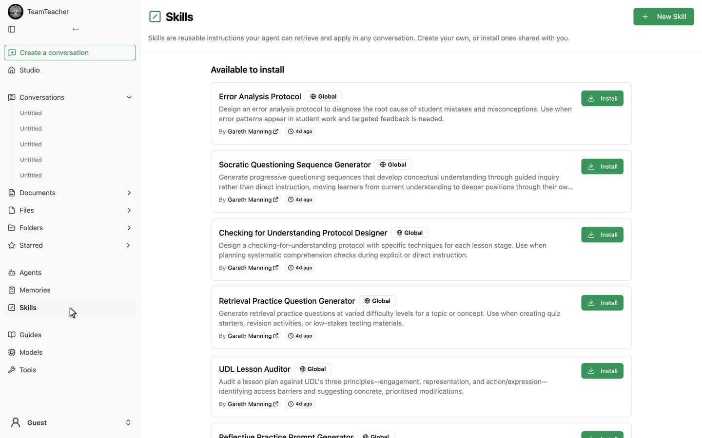 The Skills page's "Available to install" list, showing the 10 starter skills