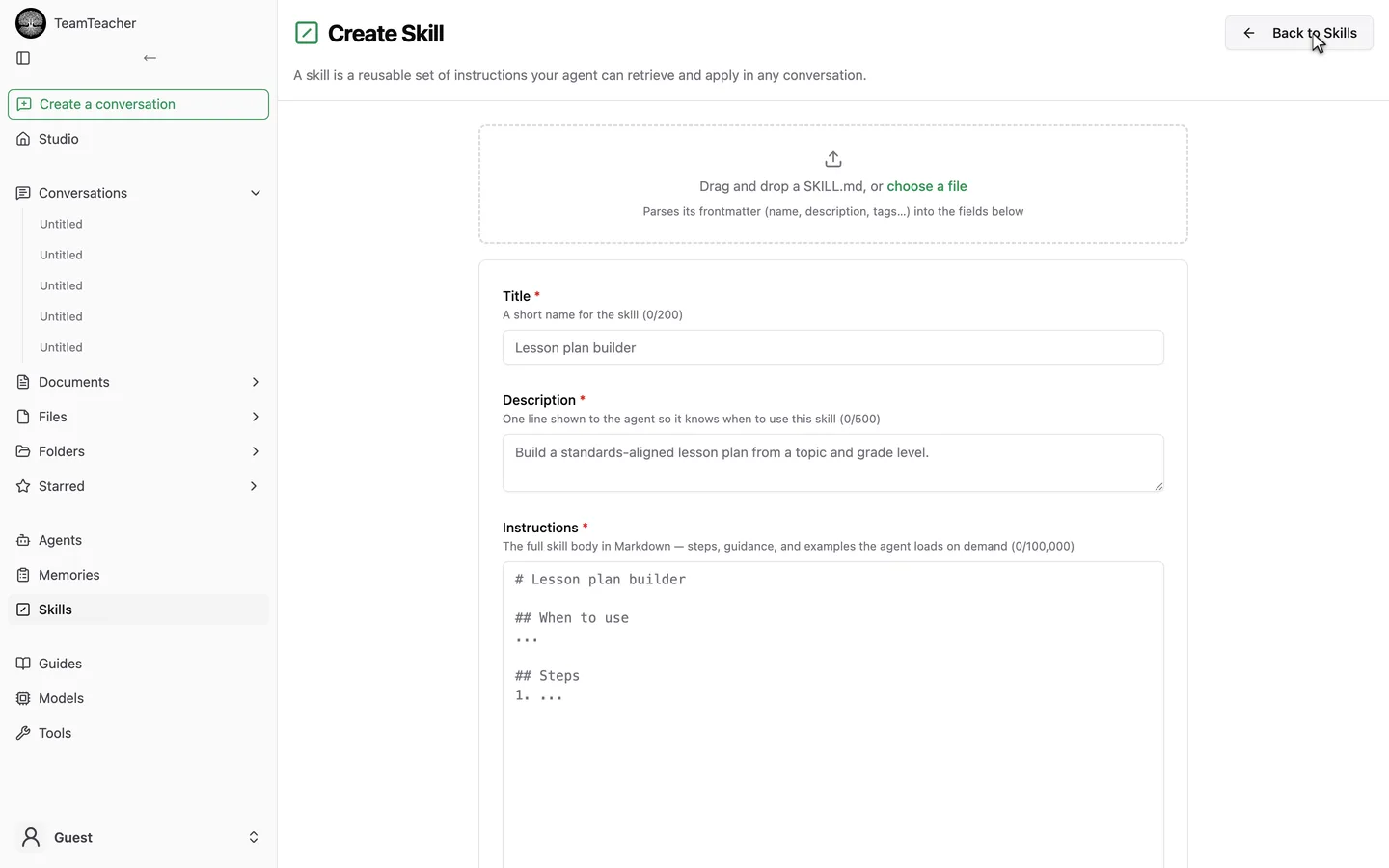 The Create Skill form: title, description, and a Markdown instructions box