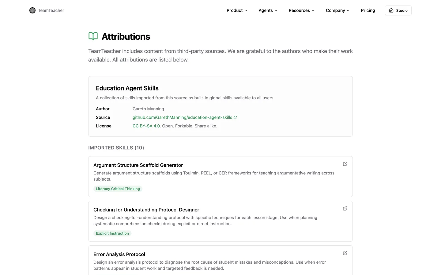 The public attributions page, crediting the 10 starter skills to their source