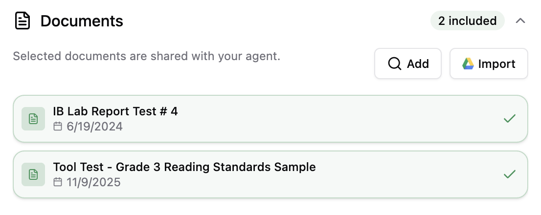 Documents panel showing included documents in a conversation