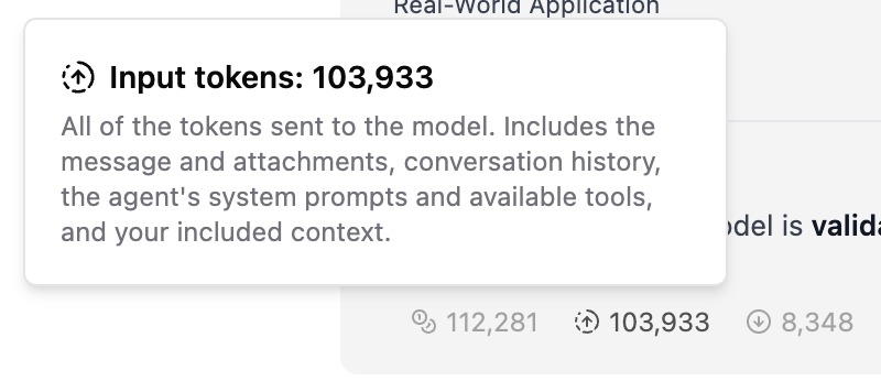 Token counts displayed in the message footer showing input, output, and total tokens
