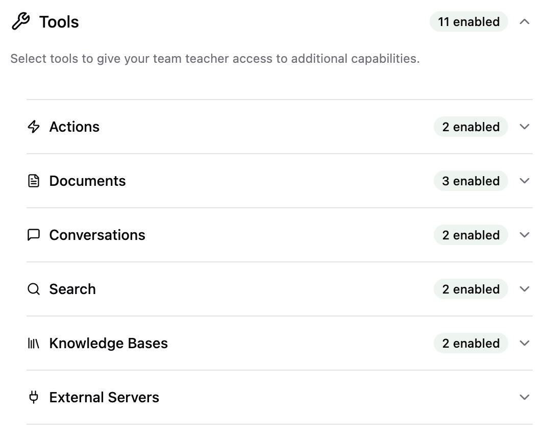 Tools panel showing enabled tool categories