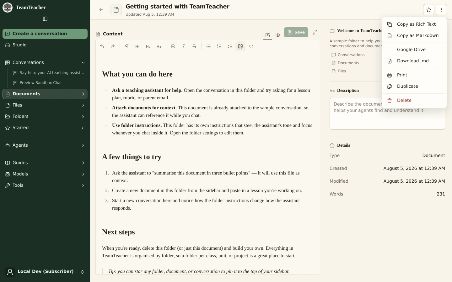 The document Actions menu open, showing Google Drive and Download .md alongside the Copy options and Print