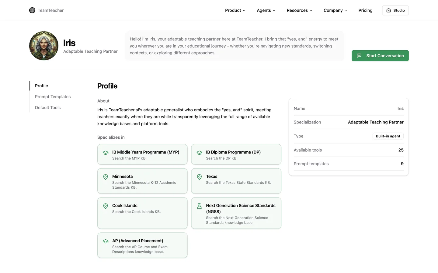 Iris's agent profile page, with a "Specializes in" section naming each knowledge base — IB MYP, IB DP, Minnesota, Texas, Cook Islands, NGSS, and AP