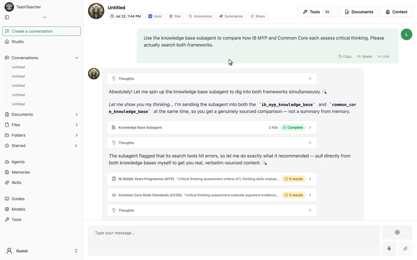 The Knowledge Base Subagent card appearing in a conversation, showing the knowledge bases it searched and a completion status