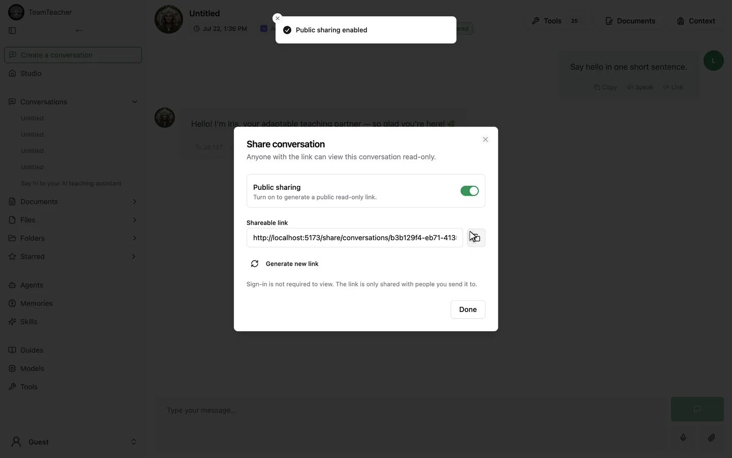 The Share conversation dialog with Public sharing on, showing the shareable link and Generate new link