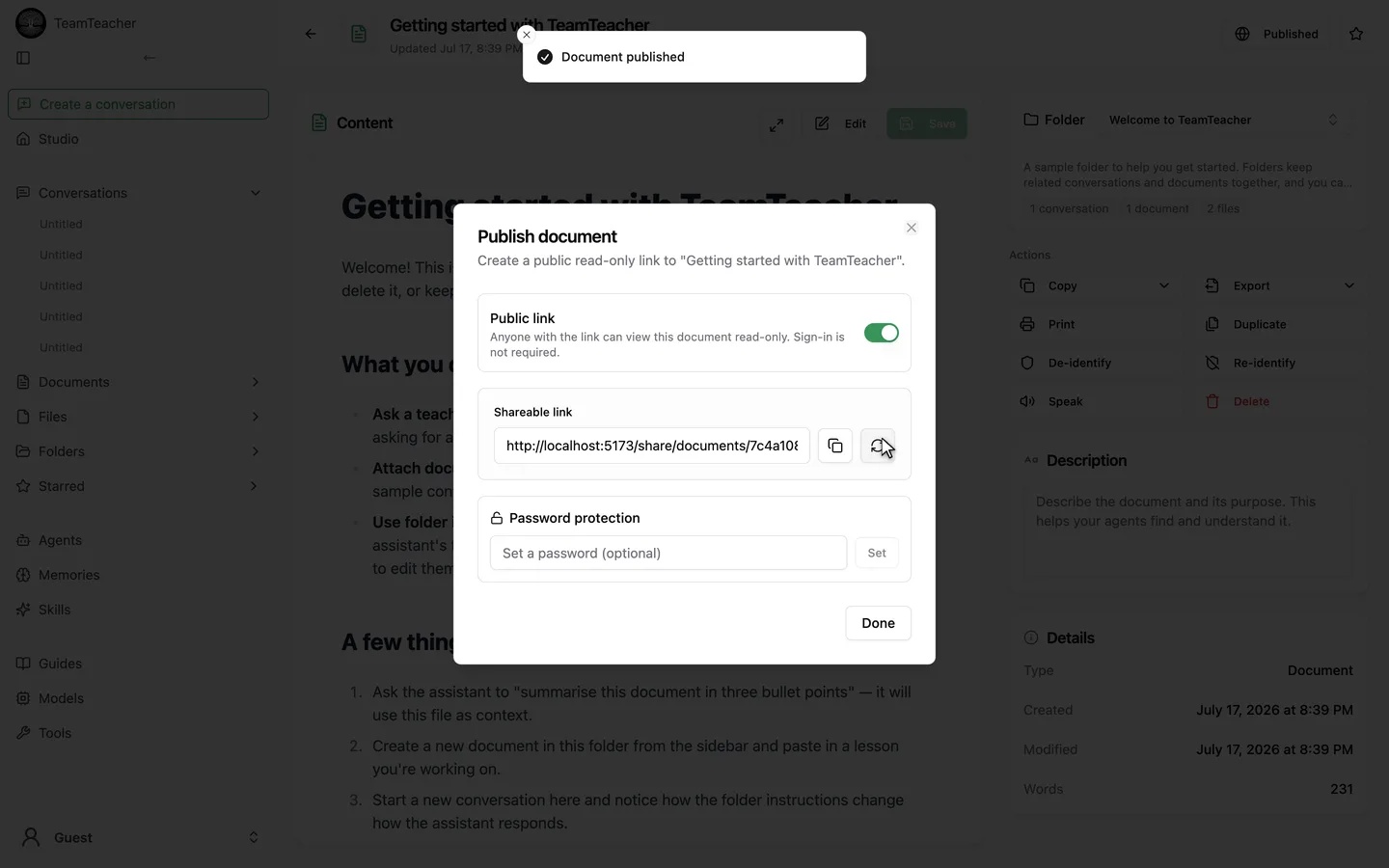 The Publish document dialog with the public link on, showing the shareable link and password protection field