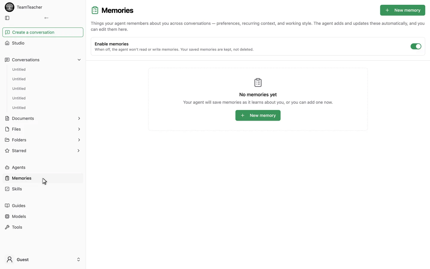 The Memories page, showing the Enable memories switch and empty state