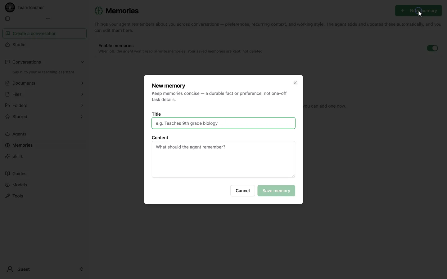 The New memory dialog: a Title field and a Content field