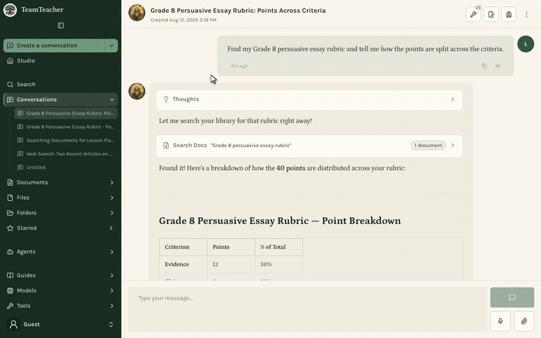 A tool call card being opened in a conversation, showing the search terms the agent sent and the document that came back
